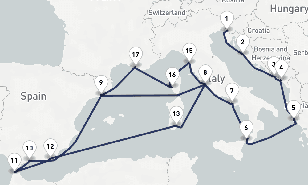 21 days, one-way from Trieste to Barcelona 22日間