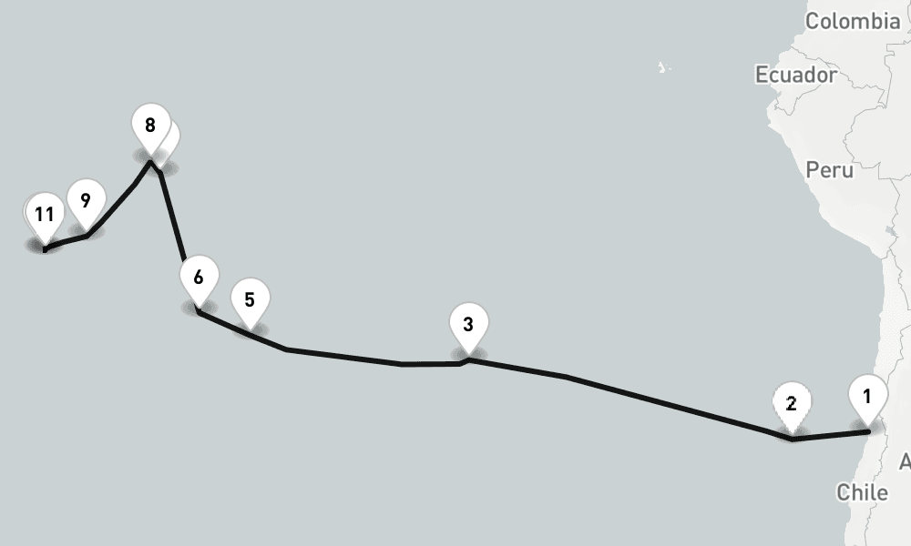 22 days, one-way from Valparaiso-Santiago to Papeete 23日間