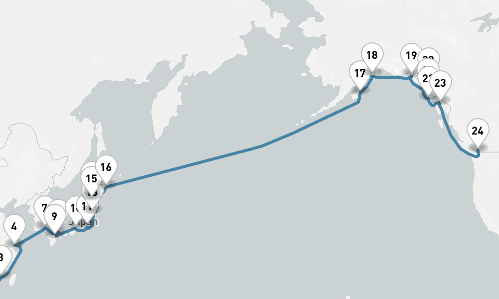 34 days, one-way from Hong Kong to Vancouver 35日間