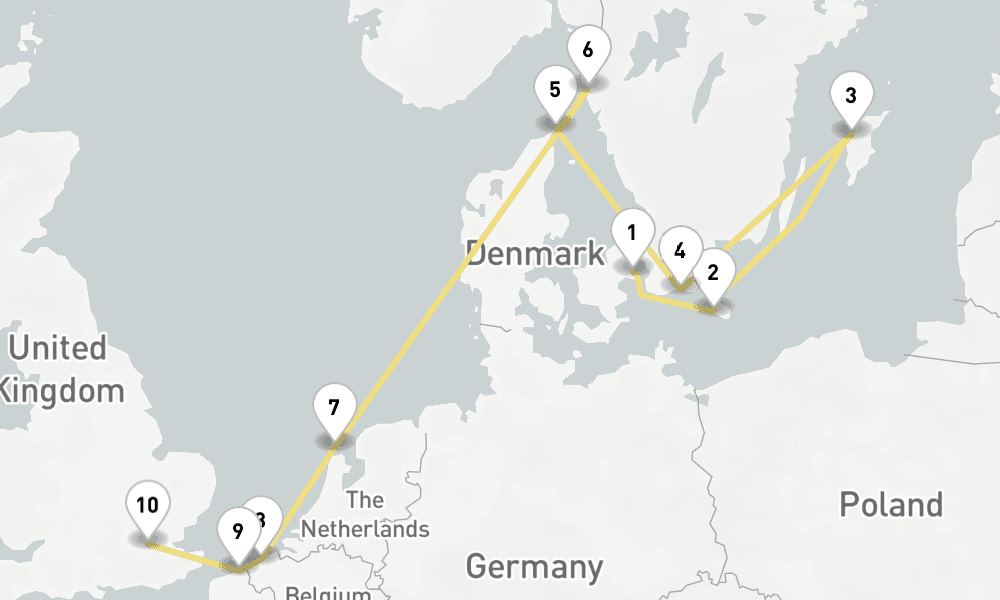 10 days, one-way from Copenhagen to London-Greenwich 11日間