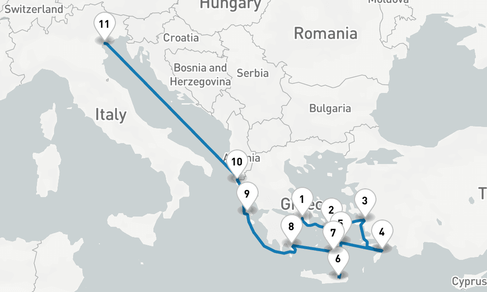 11 days, one-way from Piraeus-Athens to Venice 12日間