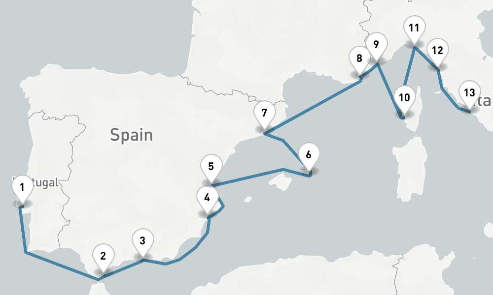 14 days, one-way from Lisbon to Civitavecchia-Rome 15日間