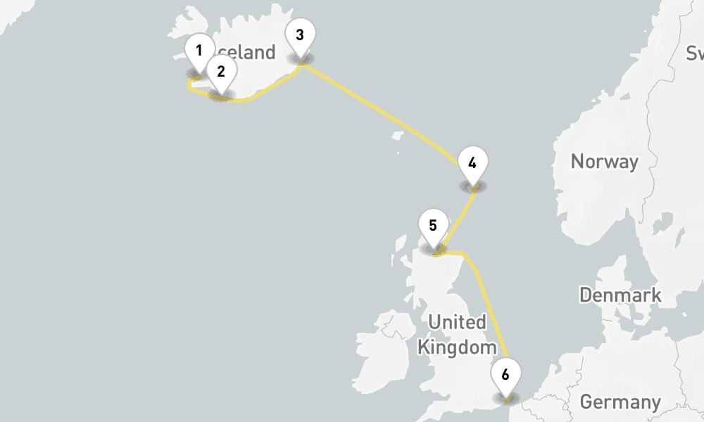 7 days, one-way from Reykjavik to Dover 8日間
