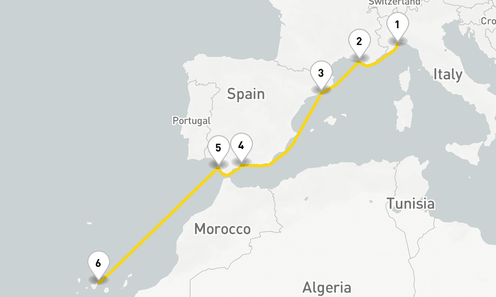 7 days, one-way from Savona to Santa Cruz de Tenerife 8日間