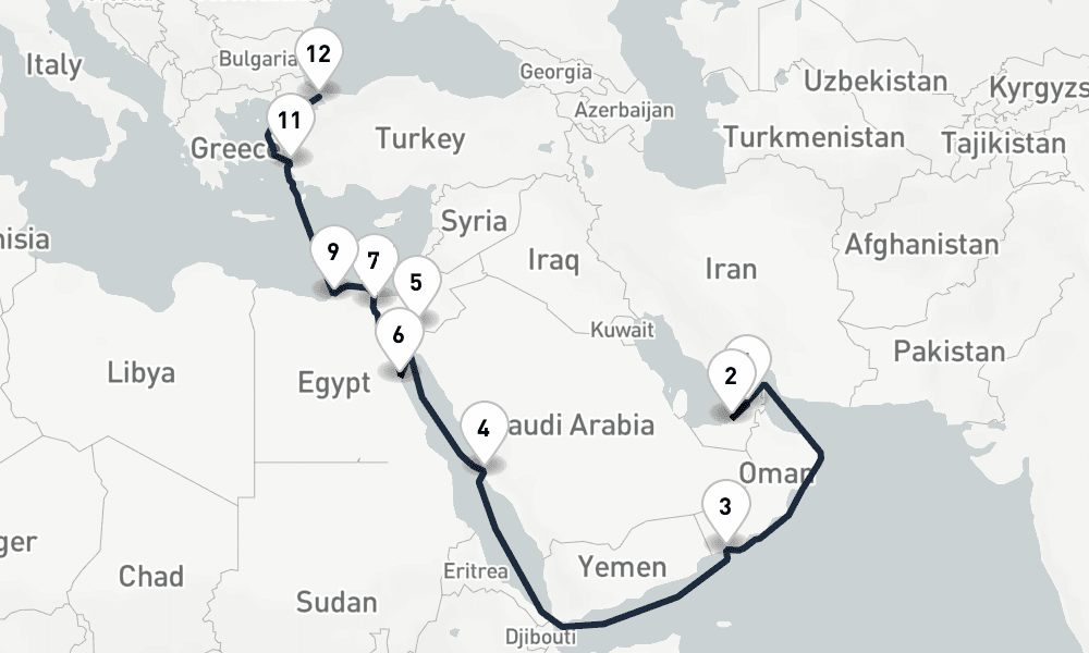 19 days, one-way from Dubai to Istanbul 20日間