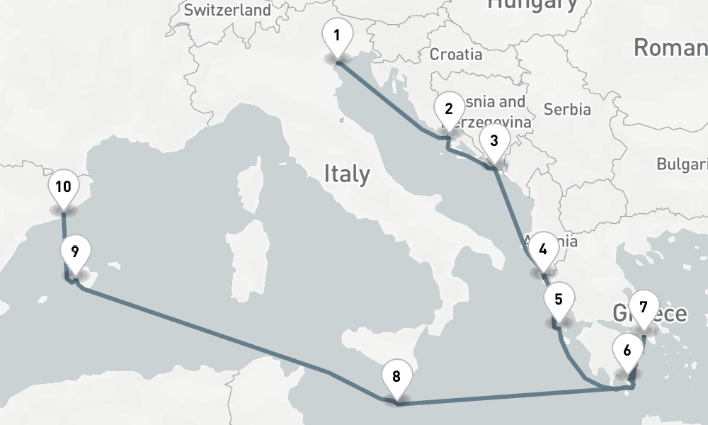 11 days, one-way from Venice to Barcelona 12日間