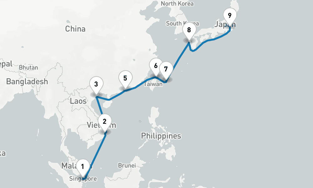 14 days, one-way from Singapore to Tokyo 15日間
