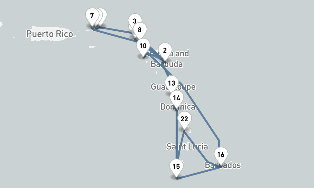 22 nights / 23 days, one-way from Philipsburg (St Maarten Island, Dutch Antilles) to Bridgetown (Barbados)