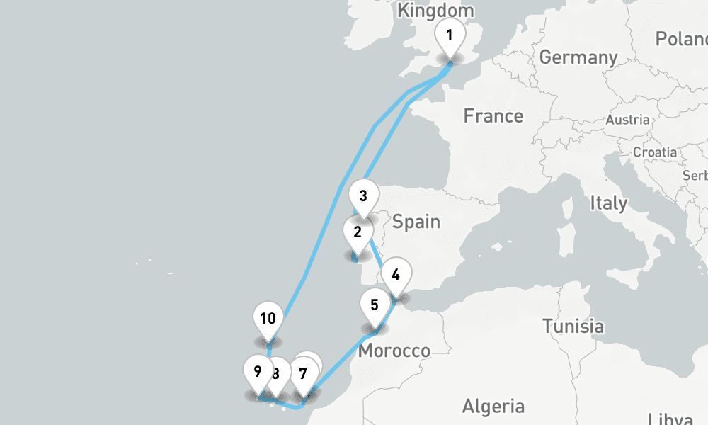 18 nights / 19 days, Portsmouth (England) Round trip
