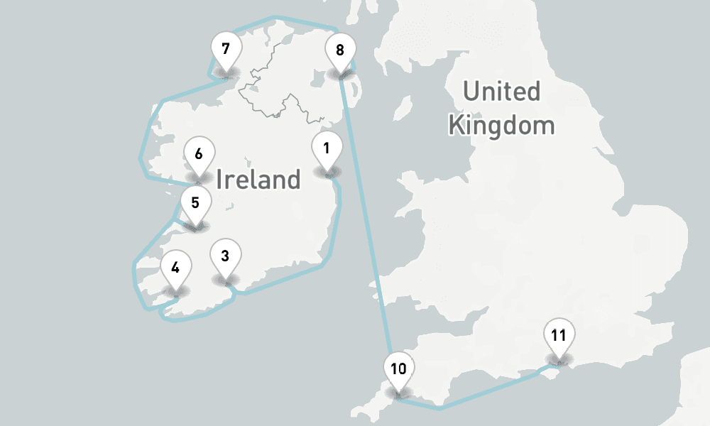 11 days, one-way from Dublin to Portsmouth UK 12日間