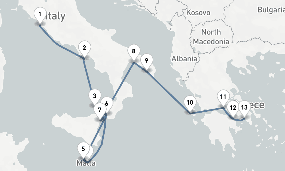 11 days, one-way from Civitavecchia-Rome to Piraeus-Athens 12日間