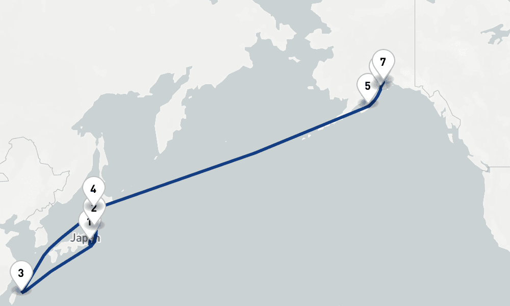 14 days, one-way from Tokyo to Whittier 15日間