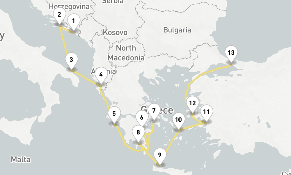 14 days, one-way from Dubrovnik to Istanbul 15日間