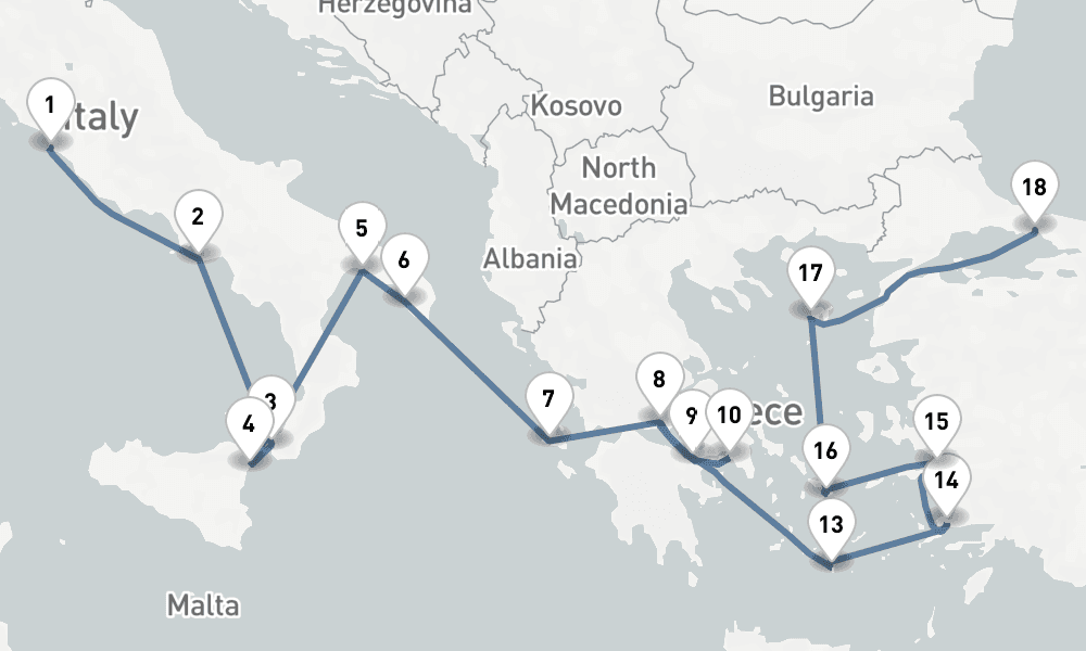 16 days, one-way from Civitavecchia-Rome to Istanbul 17日間
