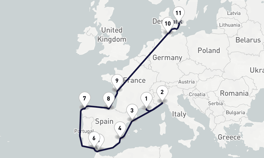 14 days, one-way from Marseille to Copenhagen 15日間