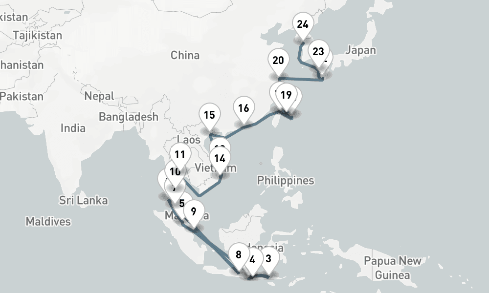 35 days, one-way from Benoa to Incheon 36日間