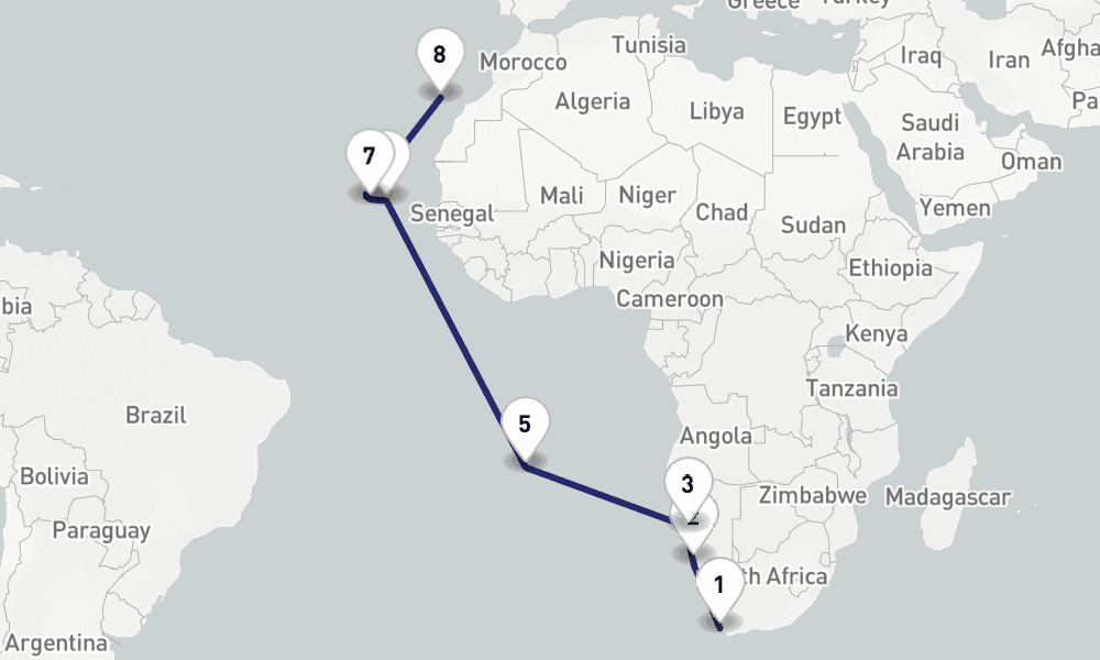 18 days, one-way from Cape Town to Santa Cruz de Tenerife 19日間