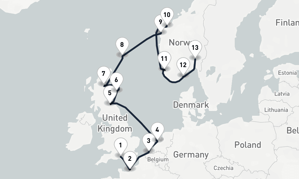 13 days, one-way from Southampton to Oslo 14日間