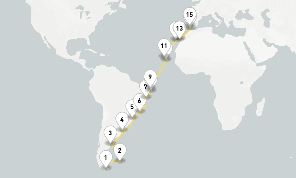 35 days, one-way from Ushuaia to Seville 36日間