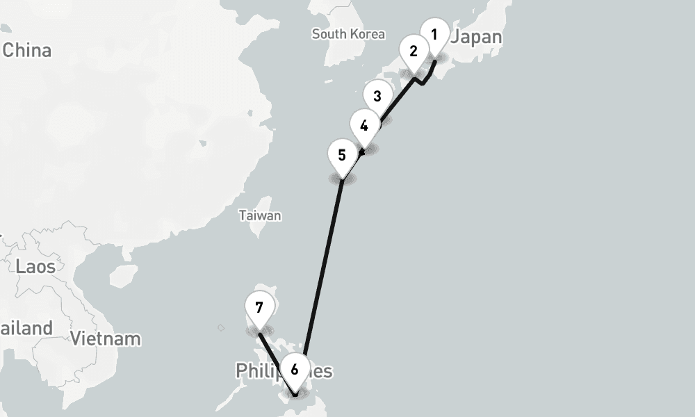 14 days, one-way from Kobe-Osaka to Manila 15日間
