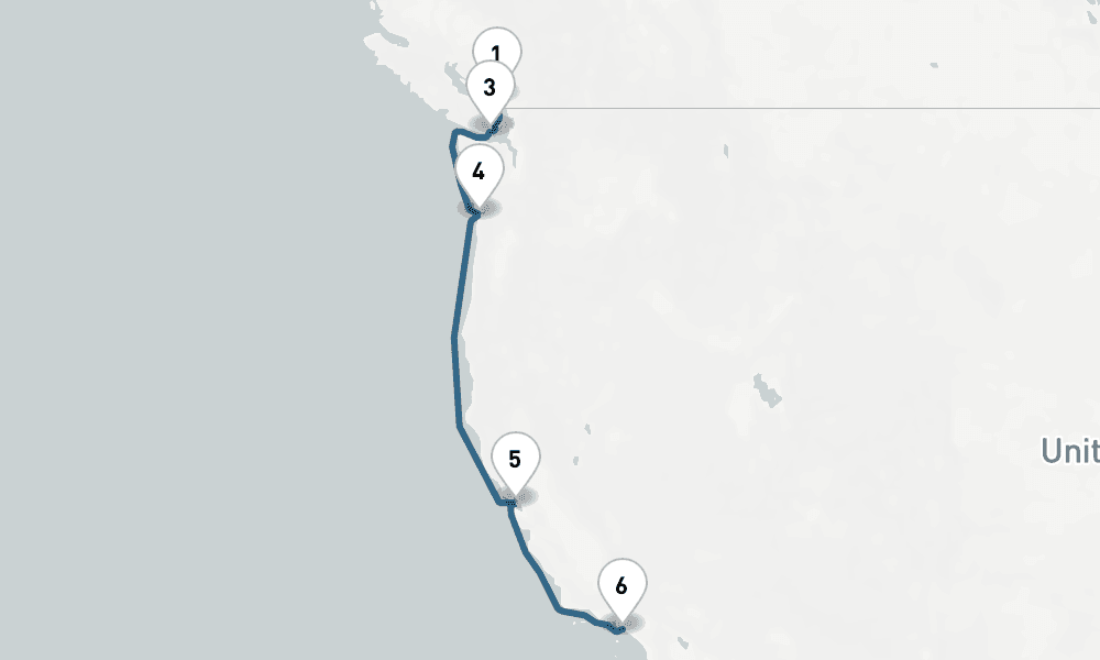 6 days, one-way from Vancouver to Los Angeles 7日間