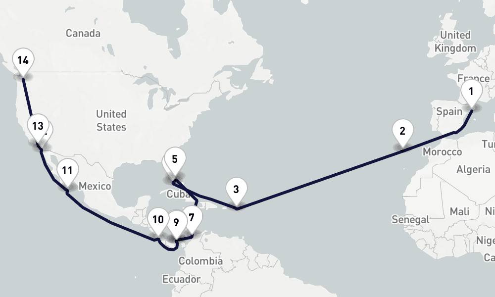 32 days, one-way from Barcelona to Seattle 33日間