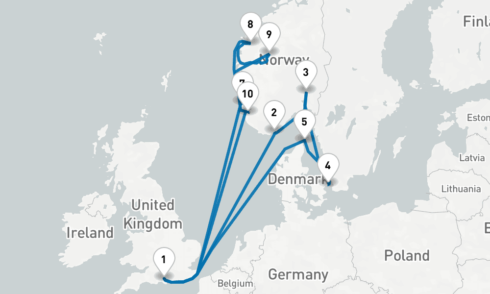 14 days, round-trip Norwegian Fjords Scandinavia 15日間