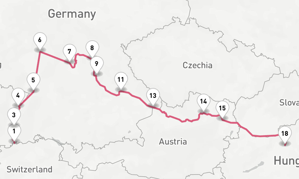 17 days, one-way from Basel to Budapest 18日間