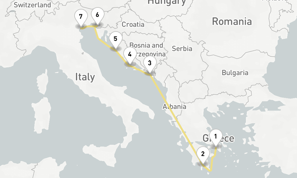 7 days, one-way from Piraeus-Athens to Venice 8日間