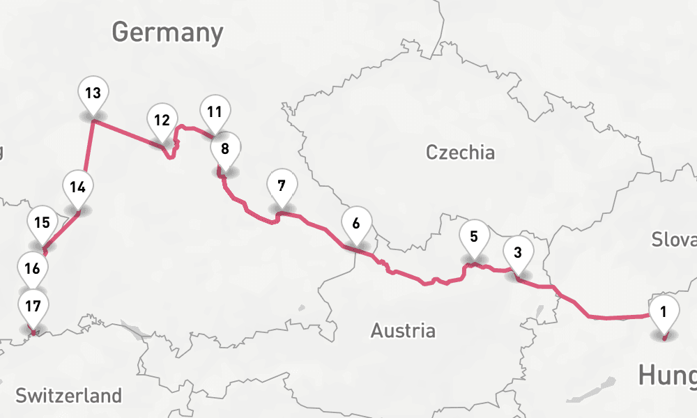 17 days, one-way from Budapest to Basel 18日間