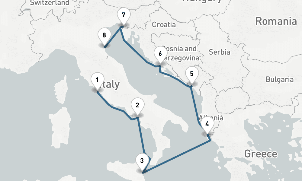 7 days, one-way from Civitavecchia-Rome to Ravenna 8日間