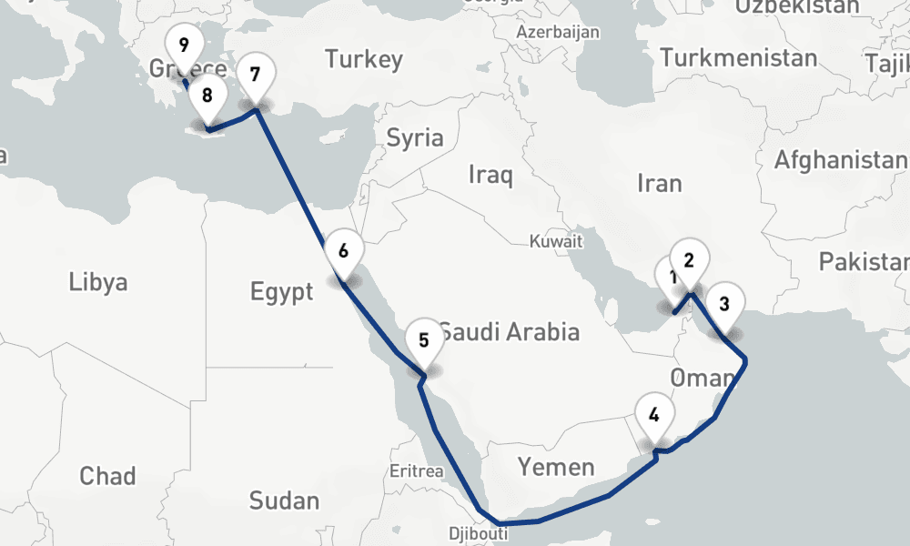 15 nights / 16 days, one-way from Dubai (Port Rashid, UAE) to Piraeus (Athens, Greece)