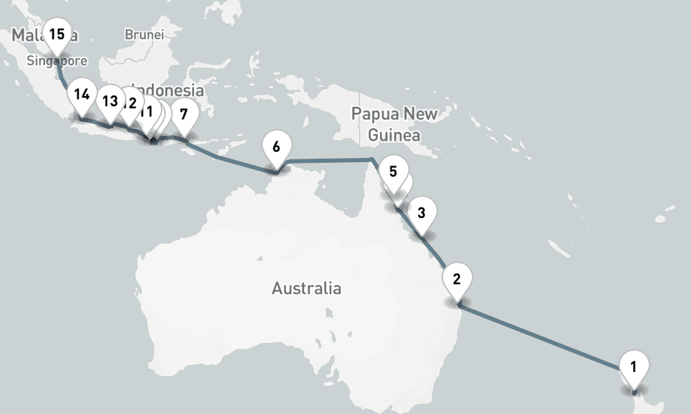 24 days, one-way from Auckland to Singapore 25日間