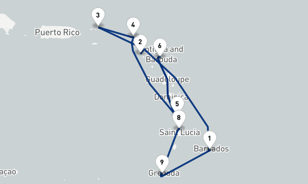 14 days, round-trip Eastern Caribbean Islands Fly-Cruise 15日間