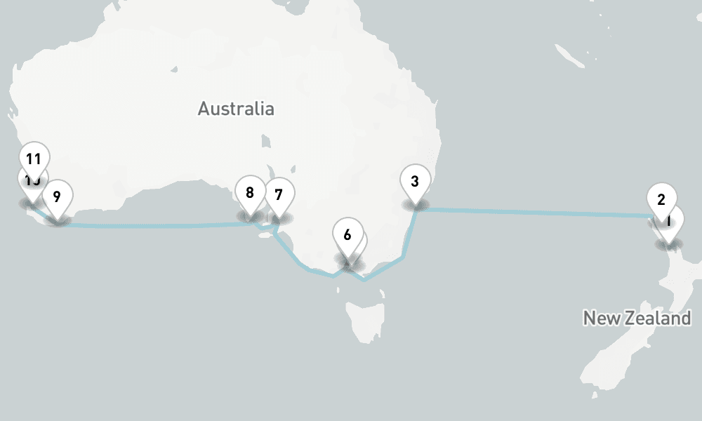 17 days, one-way from Auckland to Fremantle 18日間