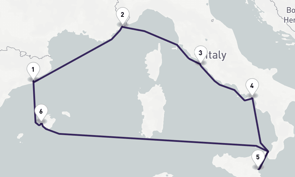 7 days, round-trip Italy, Spain French Riviera 8日間