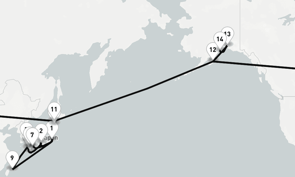 24 nights / 25 days, one-way from Tokyo to Seward (Alaska)