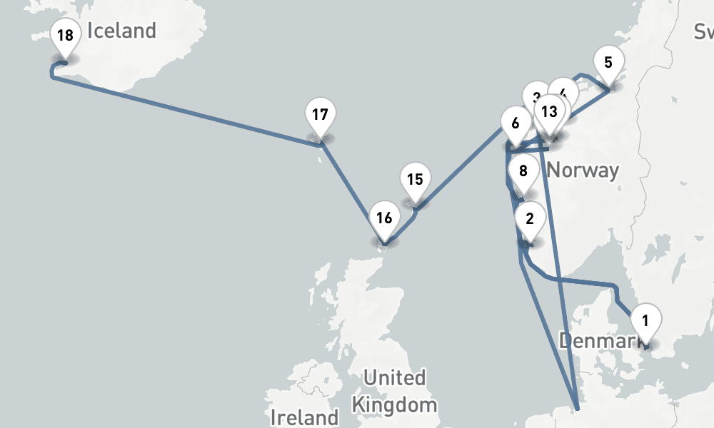 20 days, one-way from Copenhagen to Reykjavik 21日間