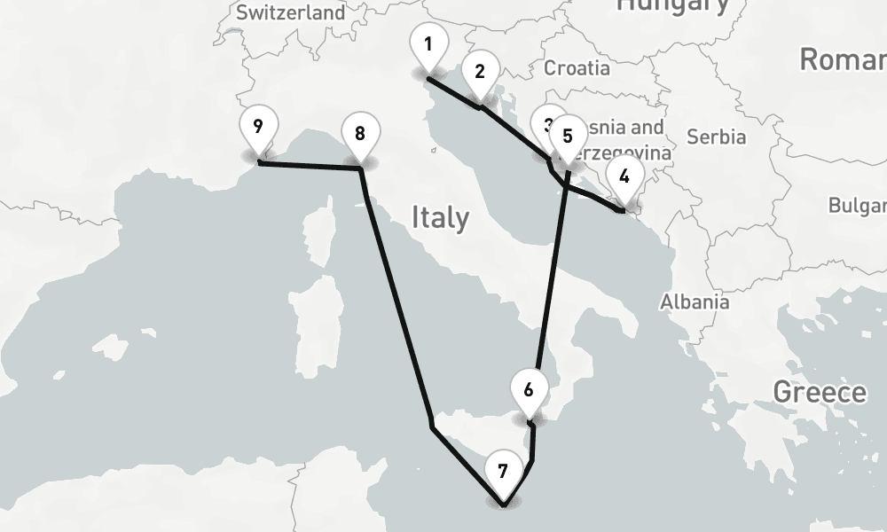 10 days, one-way from Venice to Villefranche-sur-Mer 11日間