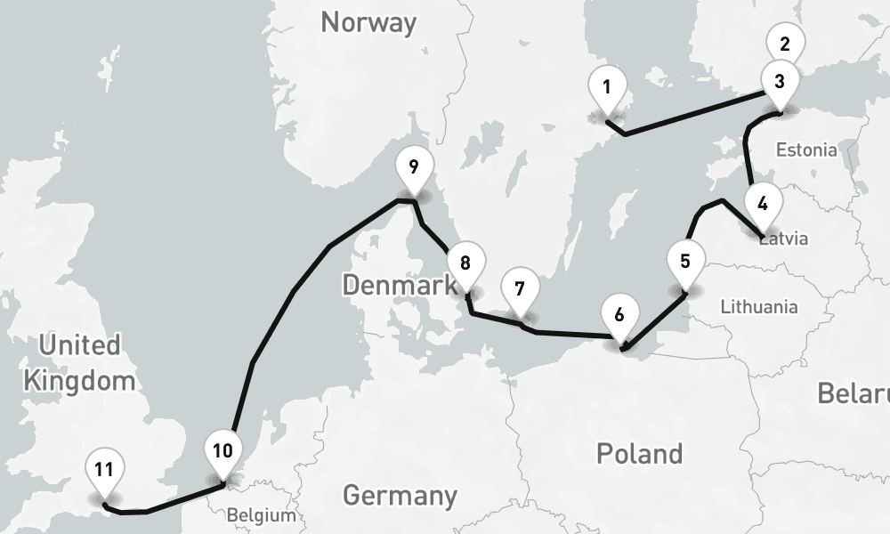 11 days, one-way from Stockholm to Southampton 12日間