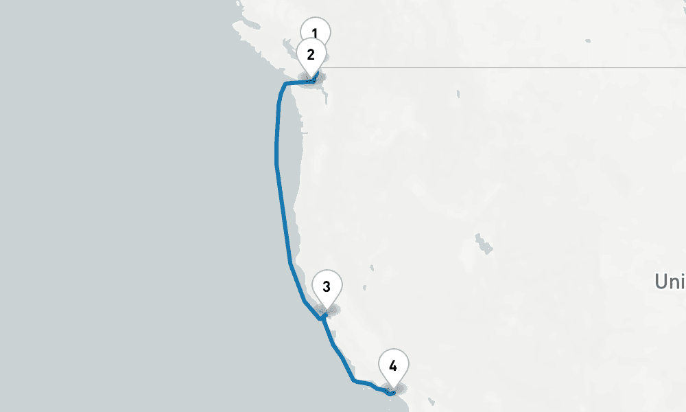 6 days, one-way from Vancouver to Los Angeles 7日間