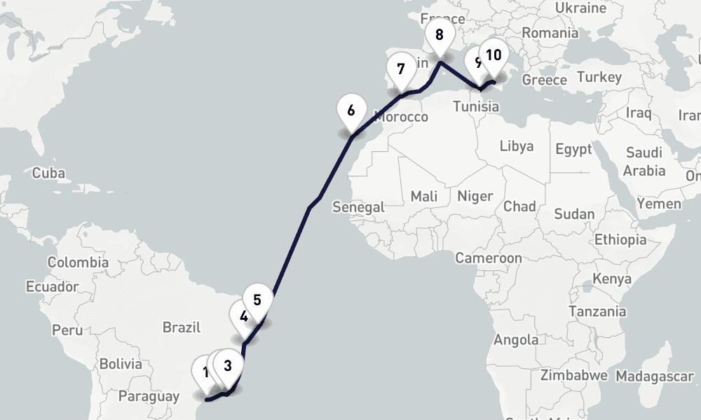 20 days, one-way from Santos to Palermo 21日間