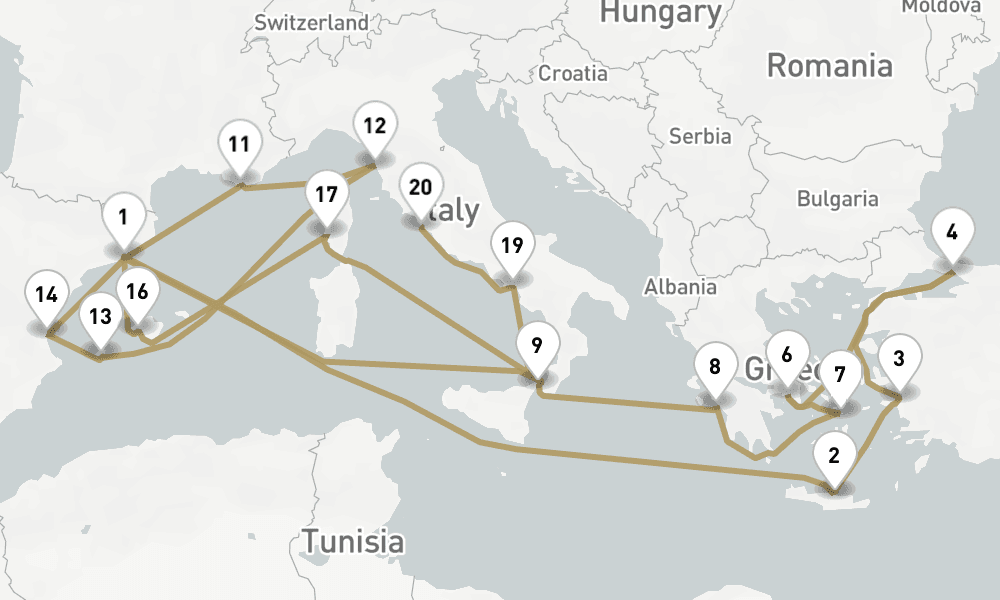 28 days, one-way from Barcelona to Civitavecchia-Rome 29日間