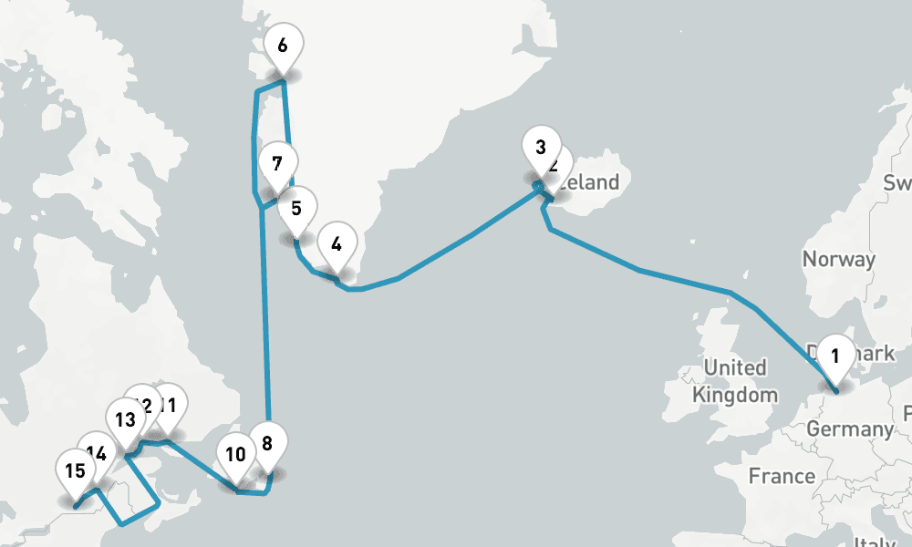 25 days, one-way from Bremerhaven to Montreal 26日間