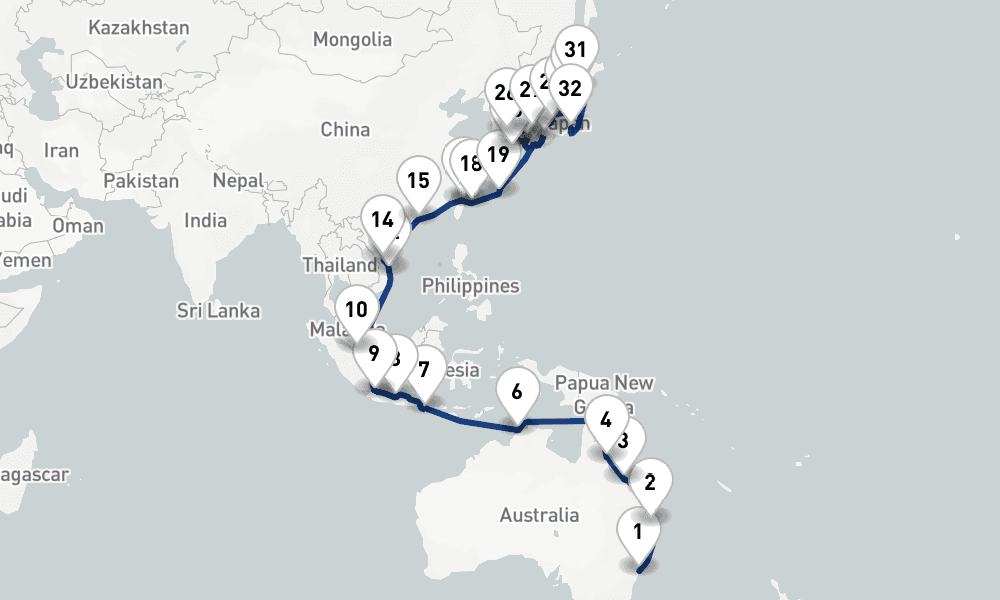 48 nights / 49 days, one-way from Sydney (NSW, Australia) to Tokyo