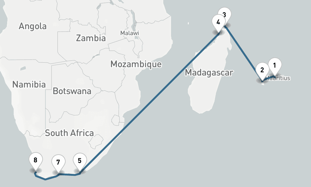 11 days, one-way from Port Louis to Cape Town 12日間