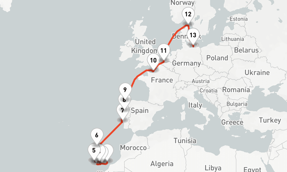 15 days, one-way from Puerto del Rosario to Warnemunde-Rostock 16日間