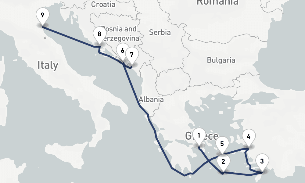 10 days, one-way from Piraeus-Athens to Ravenna 11日間