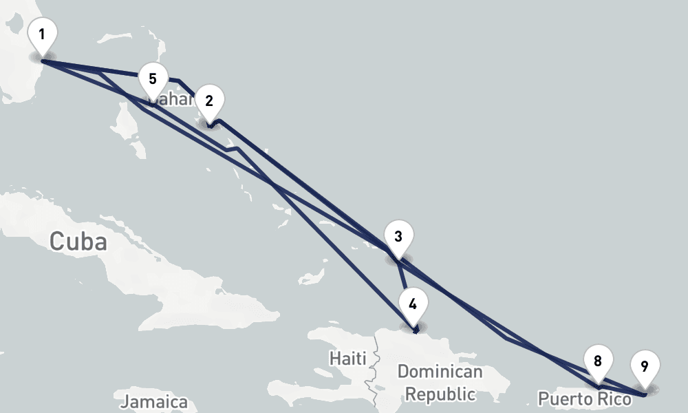 14 days, round-trip Eastern Caribbean Bahamas San Juan 15日間