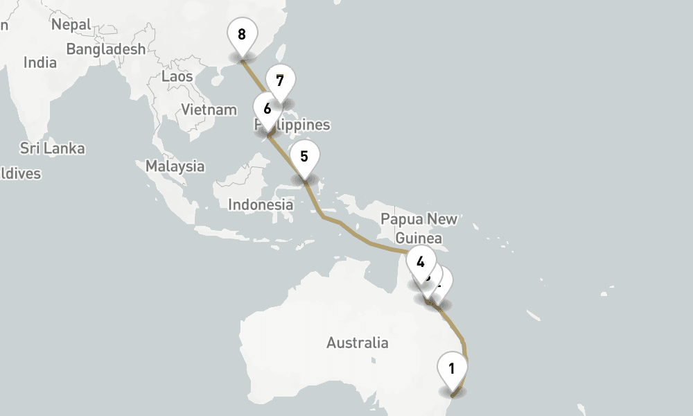 19 days, one-way from Sydney to Hong Kong 20日間